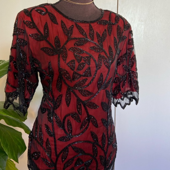 Vintage Deep Red Beaded Blouse | Silk Blouse - Picture 8 of 14